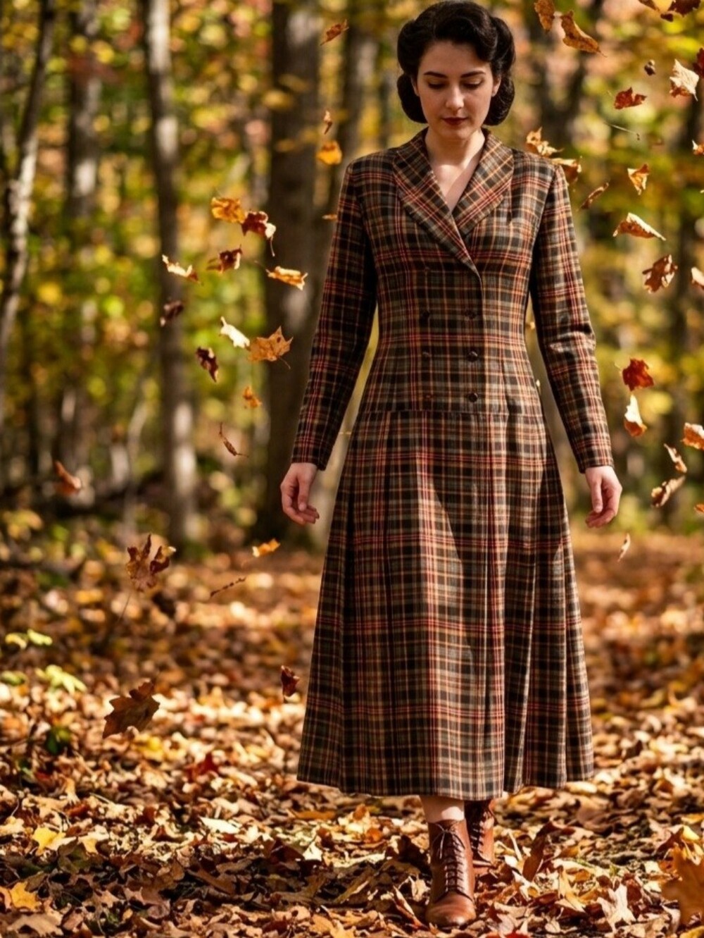 Laura Ashley Plaid Dress 10 Long Sleeve Sage Coral Gold Brown